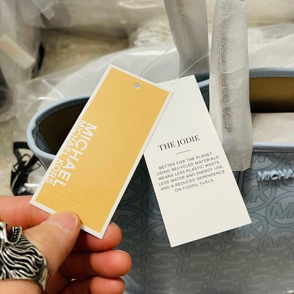 NWT Michael Kors Jodie Small Logo Jacquard Tote Bag In Pale Ocean Blue - Picture 5 of 12